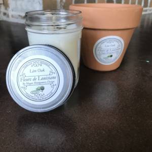 live oak scented soy candle in jar next to terra cotta planter